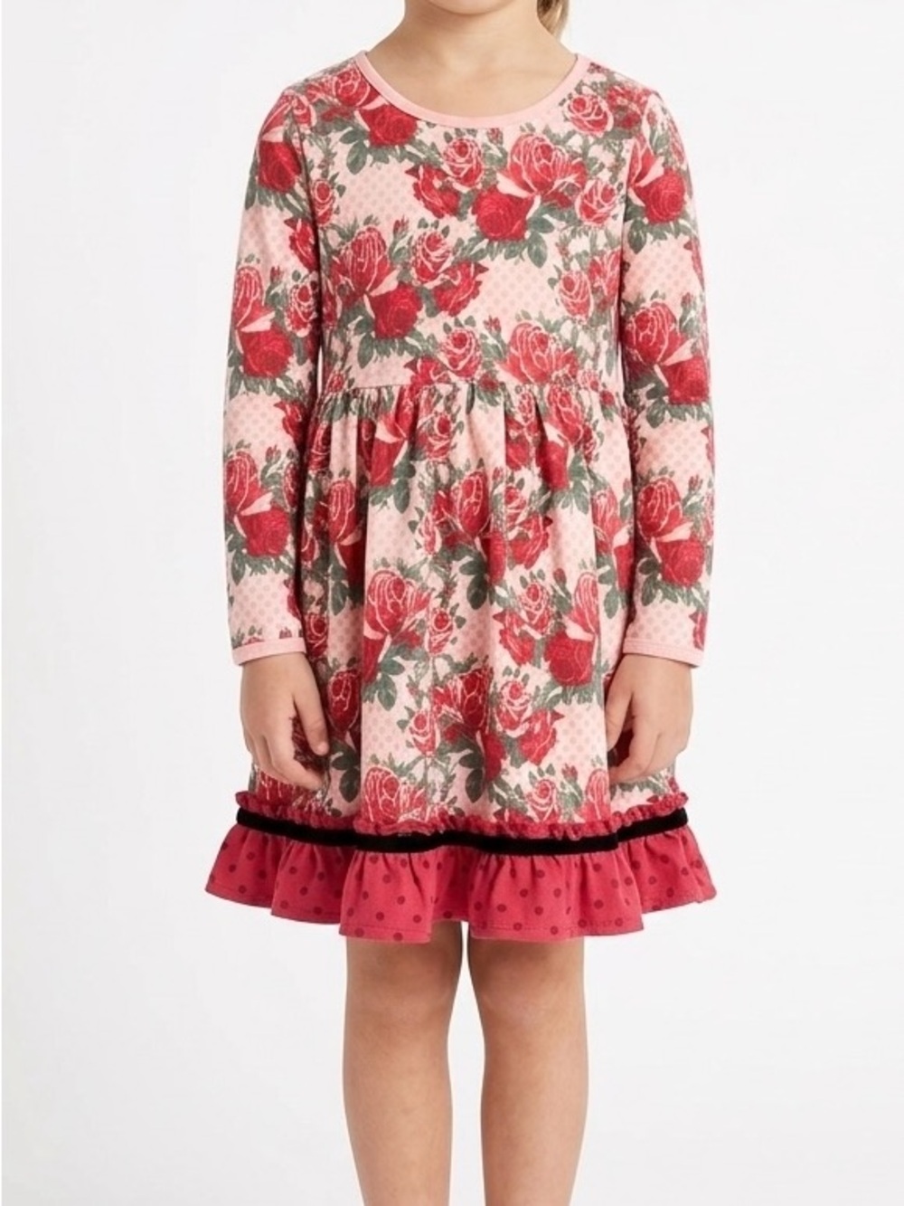 Matilda Jane Kensley Rose Floral Dot Dress Ruffle Tiered Velvet Trim Coquette